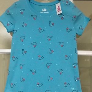 Girls blue T-shirt with whales swimming confetti